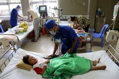 Điều trị cho các bệnh nhi sốt xuất huyết tại Khoa cấp cứu, Bệnh viện sản-nhi Cà Mau. (Ảnh: Kim Há/TTXVN)