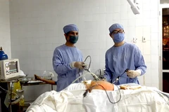 Bác sỹ trẻ Nguyễn Chiến Quyết (bên phải) tiến hành một ca mổ Nội soi tại Bệnh viện Đa khoa huyện Bắc Hà. (Ảnh: T.G/Vietnam+)