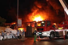 Hàng nghìn người dân thành phố Hưng Yên hoảng loạn chứng kiến ngọn lửa cháy rừng rực từ bên trong các gian hàng. (Ảnh: Đinh Tiến Tuấn/Vietnam+)