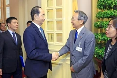 Chủ tịch nước Trần Đại Quang tiếp Đoàn đại biểu Ủy ban Kinh tế Nhật-Việt thuộc KEIDANREN, do ông Kuniharu Nakamura, Chủ tịch Ủy ban kiêm Chủ tịch Tập đoàn Sumitomo làm Trưởng đoàn, sang thăm và làm việc tại Việt Nam. (Ảnh: Nhan Sáng/TTXVN)