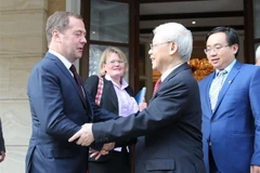 Tổng Bí thư Nguyễn Phú Trọng hội kiến với Thủ tướng Liên bang Nga Dmitry Medvedev. (Ảnh: Trí Dũng/TTXVN)
