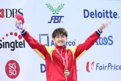 VĐV Hoàng Quý Phước đã xuất sắc đoạt huy chương vàng nội dung 200m tự do nam của môn Bơi tại SEA Games 28. (Nguồn: Quốc Khánh/TTXVN)