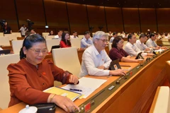 Đại biểu Quốc hội tỉnh Sơn La biểu quyết thông qua Nghị quyết sửa đổi, bổ sung Nghị quyết số 81/2014/QH13 ngày 21/11/2014 của Quốc hội về việc thi hành Luật Tổ chức Tòa án nhân dân. (Ảnh: Phương Hoa/TTXVN)