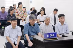 Bị cáo Nguyễn Ngọc Sự, sinh năm 1957, nguyên Chủ tịch Hội đồng thành viên Vinashin (thứ hai bên trái sang) và các bị cáo tại phiên tòa. (Ảnh: Văn Điệp/TTXVN)