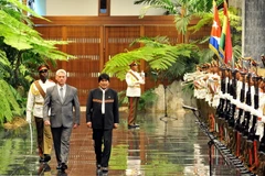 Chủ tịch Cuba Miguel Díaz-Canel và Tổng thống Bolivia Evo Morales duyệt đội danh dự trong lễ đón chính thức. (Ảnh: Vũ Hà/TTXVN)