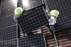 Lắp đặt các tấm pin năng lượng Mặt Trời của Công ty năng lượng Goldin. (Nguồn: AFP/TTXVN) 