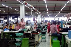 Công nhân Công ty trách nhiệm hữu hạn PouYuen Việt Nam (quận Bình Tân, Thành phố Hồ Chí Minh) trong giờ sản xuất tại khu B. (Ảnh: Thanh Vũ/TTXVN)