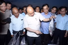 Thủ tướng Nguyễn Xuân Phúc thăm Cáng cá Cửa Việt. (Ảnh: Thống Nhất/TTXVN)