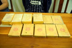 Tang vật 15 bánh heroin bị cơ quan công an thu giữ. (Ảnh: TTXVN phát)