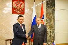 Bộ trưởng Tô Lâm và Giám đốc Cơ quan An ninh Nga Alexander Vasilyevich Bortnikov. (Ảnh: Quang Vinh/Vietnam+)