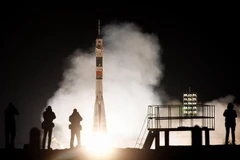 Tên lửa đẩy mang theo tàu vũ trụ Soyuz MS-12 của Nga rời bệ phóng tại bãi phóng Baikonur Cosmodrome ở Kazakhstan, ngày 14/3/2019. (Ảnh: AFP/TTXVN)