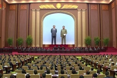 Các đại biểu tham dự kỳ họp thứ hai Hội đồng Nhân dân Tối cao (tức Quốc hội Triều Tiên) khóa 14 ở Bình Nhưỡng ngày 29/8. (Ảnh: Yonhap/TTXVN)