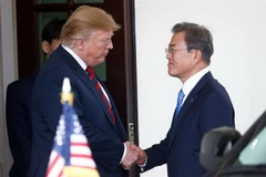 Tổng thống Mỹ Donald Trump (trái, phía trước) và người đồng cấp Hàn Quốc Moon Jae-in tại lễ đón ở Washington DC., ngày 11/4/2019. (Ảnh: THX/TTXVN)