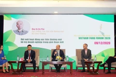 Đại diện Bộ, ngành, hiệp hội và doanh nghiệp tham gia phiên tọa đàm "Thích ứng với thay đổi và đổi mới." (Ảnh: Mỹ Phương/TTXVN)