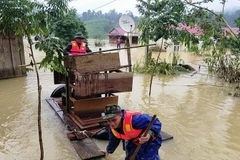 Lực lượng biên phòng cùng cán bộ giáo viên và nhân dân tại xã Trường Sơn, huyện Quảng Ninh, Quảng Bình di dời bàn ghế, vật dụng dạy học lên nơi cao ráo. (Ảnh: Võ Dung/TTXVN)