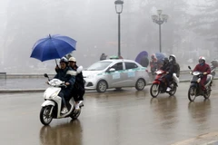 Sương mù dày đặc tại thị xã Sa Pa ảnh hưởng đến tầm nhìn của các phương tiện tham gia giao thông. (Ảnh: Quốc Khánh/TTXVN)