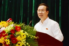 Ông Võ Văn Thưởng, Ủy viên Bộ Chính trị, Thường trực Ban Bí thư phát biểu tại buổi tiếp xúc cử tri. (Ảnh: Văn Dũng/TTXVN)