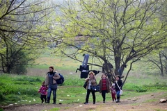 Người di cư tiến về khu vực trung chuyển Tompa giữa Hungary và Serbia. (Ảnh: AFP/TTXVN)