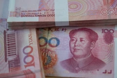 Đồng tiền mệnh giá 100 nhân dân tệ tại Bắc Kinh, Trung Quốc. (Ảnh: AFP/TTXVN)