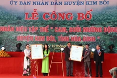 Trao giấy chứng nhận đăng ký nhãn hiệu tập thể cam, bưởi Mường Động. (Ảnh: Thanh Hải/TTXVN)