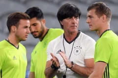  Từ trái sang: Mario Goetze, Emre Can, huấn luyện viên Joachim Loew và Toni Kroos trong buổi tập trân sân Stade Pierre Mauroy. (Nguồn: EPA/TRTXVN)