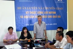 Chuyên gia tư vấn nước ngoài hướng dẫn lý thuyết xông lưu huỳnh cho quả vải. (Ảnh: Đồng Thúy/TTXVN)