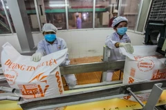 Sản phẩm đường tinh luyện (RE) của Công ty trách nhiệm hữu hạn Công nghiệp KCP Việt Nam đang được đóng bao bì. (Ảnh: Trọng Đạt/TTXVN)