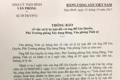 Quyết định kỷ luật đối với ông Đỗ Gia Quyền, Phó Trưởng Phòng Xây dựng Đảng, Văn phòng Tỉnh ủy Thái Bình. (Nguồn: thaibinhtv.vn)