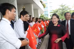 Cộng đồng người Việt tại Singapore đón Chủ tịch Quốc hội Nguyễn Thị Kim Ngân, tại Sân bay Quốc tế Changi, ngày 26/11 vừa qua. (Ảnh: Trọng Đức/TTXVN)