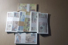 Nhiều người vẫn thích đổi tiền mới mệnh giá nhỏ để đi lễ chùa. (Ảnh; T.H/Vietnam+)