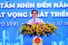 Thủ tướng Phạm Minh Chính phát biểu tại Hội nghị Công bố Quy hoạch tỉnh Trà Vinh. (Ảnh: Dương Giang/TTXVN)