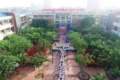 Xếp hình lá cờ tổ quốc khổng lồ tại trường Lương Thế Vinh. (Ảnh: Tùng Lâm/Vietnam+)