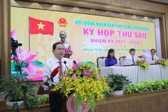 Ông Trần Thanh Mẫn, Ủy viên Bộ Chính trị, Phó Chủ tịch Thường trực Quốc hội khóa XV, phát biểu chỉ đạo tại kỳ họp thứ 6 Hội đồng Nhân dân tỉnh Đồng Tháp. (Ảnh: Nguyễn Văn Trí/TTXVN)