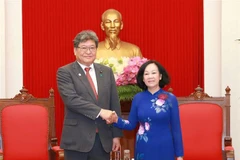 Thường trực Ban Bí thư Trương Thị Mai tiếp Trưởng Ban Nghiên cứu chính sách Đảng Dân chủ Tự do Nhật Bản Hagiuda Koichi. (Ảnh: Phương Hoa/TTXVN)