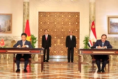 Chủ tịch nước Trần Đại Quang và Tổng thống Ai Cập Abdel Fattah Al Sisi chứng kiến lễ ký các văn kiện hợp tác giữa hai nước. (Nguồn: Nhan Sáng/TTXVN)