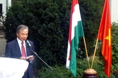 Đại sứ Việt Nam tại Cộng hòa Hungary Ngô Duy Ngọ phát biểu tại buổi tiếp tân. (Ảnh: Hoàng Linh/Vietnam+)