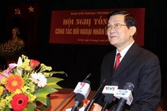 Ông Trương Tấn Sang, Ủy viên Bộ Chính trị, Thường trực Ban Bí thư đến dự và phát biểu tại hội nghị công tác đối ngoại nhân dân. (Ảnh: Thống Nhất/TTXVN)