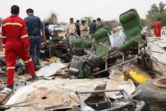 Nhân viên an ninh và cứu trợ làm nhiệm vụ tại khu vực máy bay rơi. (Ảnh: AFP/TTXVN) 