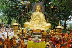 Các hòa thượng, tăng ni, Phật tử tịnh thiền dưới cội Bồ Đề-Thích Ca Phật Đài nhân lễ Vu lan 2009. (Ảnh: Kim Phương/TTXVN)