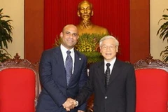 Tổng Bí thư Nguyễn Phú Trọng tiếp Thủ tướng Cộng hòa Haiti Laurent Salvador Lamothe đang thăm chính thức Việt Nam. (Ảnh: Trí Dũng/TTXVN)