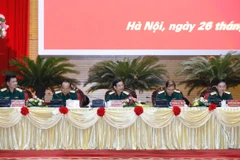 Thượng tướng Phan Văn Giang, Tổng Tham mưu trưởng QĐND Việt Nam, Thứ trưởng Bộ Quốc phòng cùng lãnh đạo Bộ Tổng Tham mưu Quân đội nhân dân Việt Nam dự hội thảo. (Ảnh: Dương Giang/TTXVN)