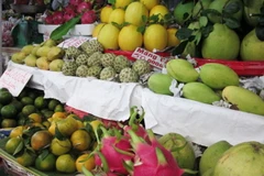 Các em học sinh tham gia bày mâm ngũ quả ngày Tết. (Ảnh: Hạnh Dung/TTXVN)