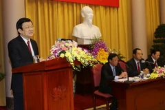 Chủ tịch nước Trương Tấn Sang đến dự và phát biểu tại Hội nghị. (Ảnh: Nguyễn Khang/TTXVN)