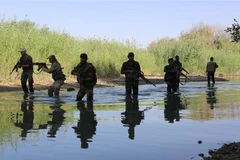 Lực lượng ủng hộ Chính phủ Syria tại khu vực Hawija Qate ở sông Euphrates, thành phố Deir Ezzor, miền đông Syria. (Nguồn: AFP/TTXVN)