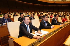 Đoàn đại biểu Quốc hội tỉnh Quảng Trị biểu quyết thông qua Nghị quyết về tiếp tục hoàn thiện, nâng cao hiệu lực, hiệu quả thực hiện chính sách, pháp luật về quy hoạch, quản lý, sử dụng đất đai tại đô thị. (Ảnh: Phương Hoa/TTXVN)