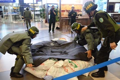 Cảng hàng không Quốc tế Nội Bài đã diễn tập khẩn nguy đối phó với hành vi can thiệp bất hợp pháp, với tình huống đặt bom, mìn tại nhà ga hành khách. (Ảnh: Việt Hùng/Vietnam+)