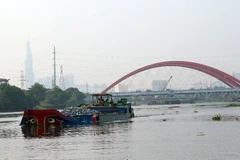 Tàu thuyền trên 300 tấn phải neo đậu trước cầu Bình Lợi khoảng 1km để đợi nước thủy triều xuống mới qua được cầu Bình Lợi do tĩnh không của cầu thấp. (Ảnh: Huy Hùng/TTXVN)