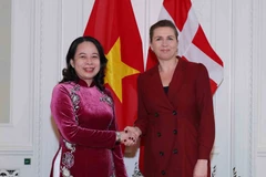 Thủ tướng Đan Mạch Mette Frederiksen đón Phó Chủ tịch nước Võ Thị Ánh Xuân. (Ảnh: An Đăng/TTXVN)