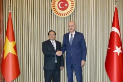 Thủ tướng Phạm Minh Chính hội kiến Chủ tịch Quốc hội Thổ Nhĩ Kỳ Numan Kurtulmus. (Ảnh: Dương Giang/TTXVN)