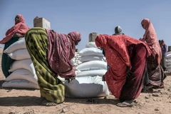Người dân Ethiopia nhận lương thực viện trợ tại trại tị nạn Farburo ở Gode, Đông Nam Ethiopia ngày 27/1. (Nguồn: AFP/TTXVN)